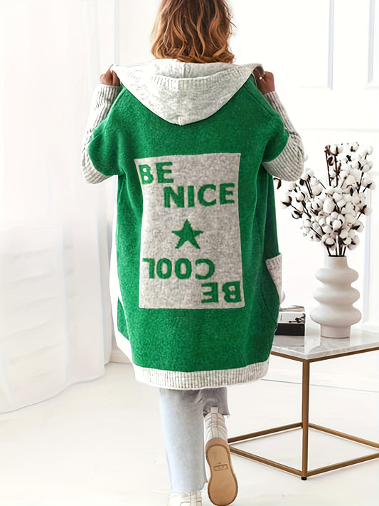  Colorblock Letter & Star Print Hooded Cardigan