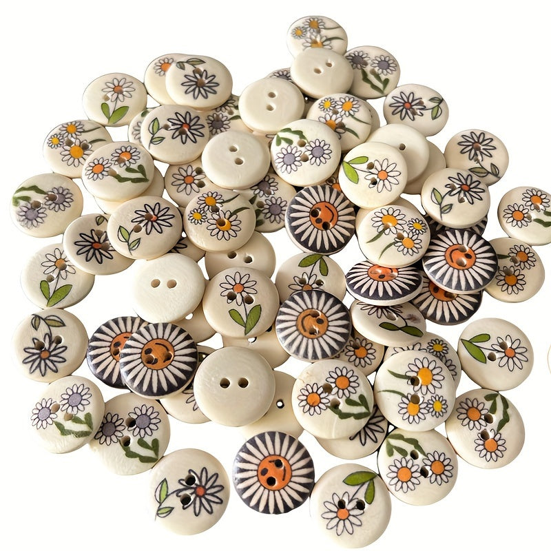 20pcs 2 Hole Wooden Round Mixed Pattern Painted Buttons For Sewing Crafts DIY