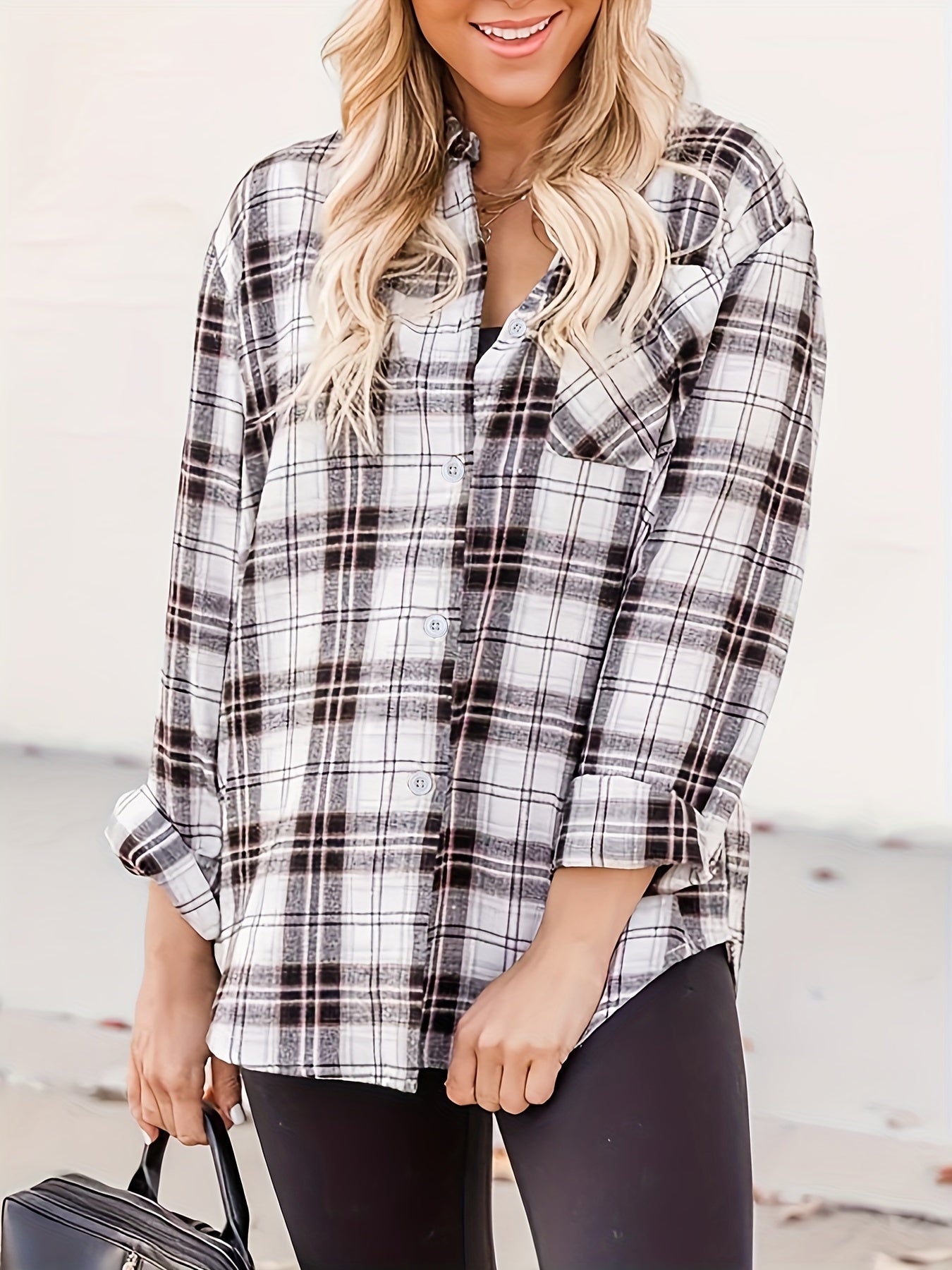  Plaid Print Long Sleeve Blouse