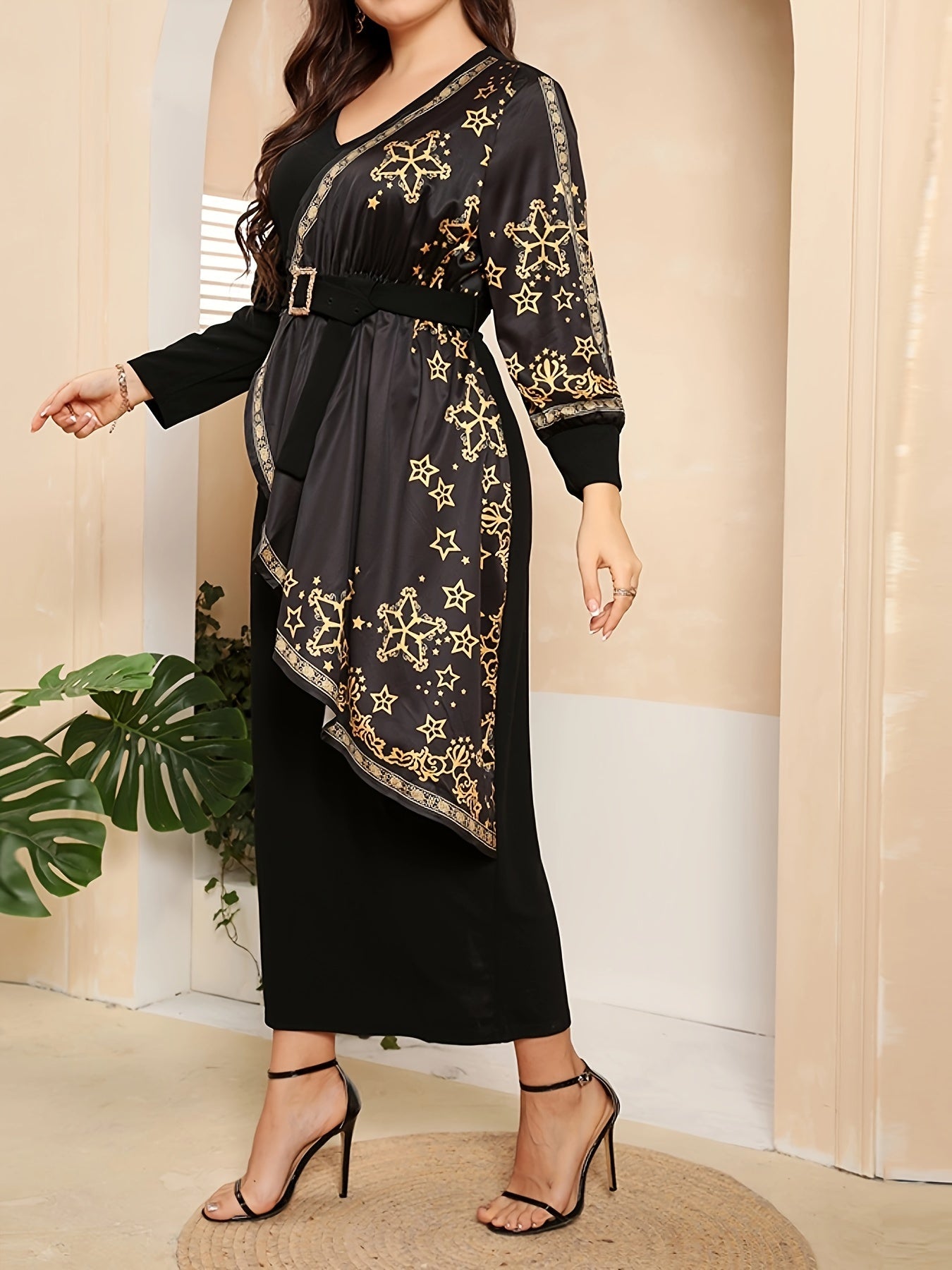  Golden Snowflake Print Colorblock Abaya Dress