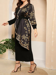  Golden Snowflake Print Colorblock Abaya Dress