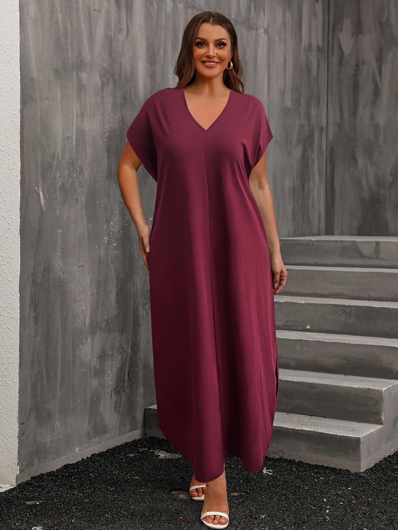  Casual Dress Women's Plus Solid Batwing Sleeve V Neck