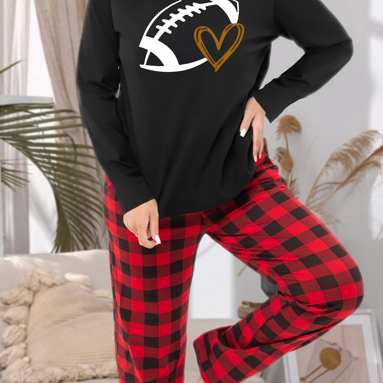  Heart & Rugby Print Long Sleeve Tee & Plaid Pants Loungewear Set