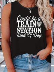 Women's Plus Size Casual Tank Top with Slogan & Heart Print