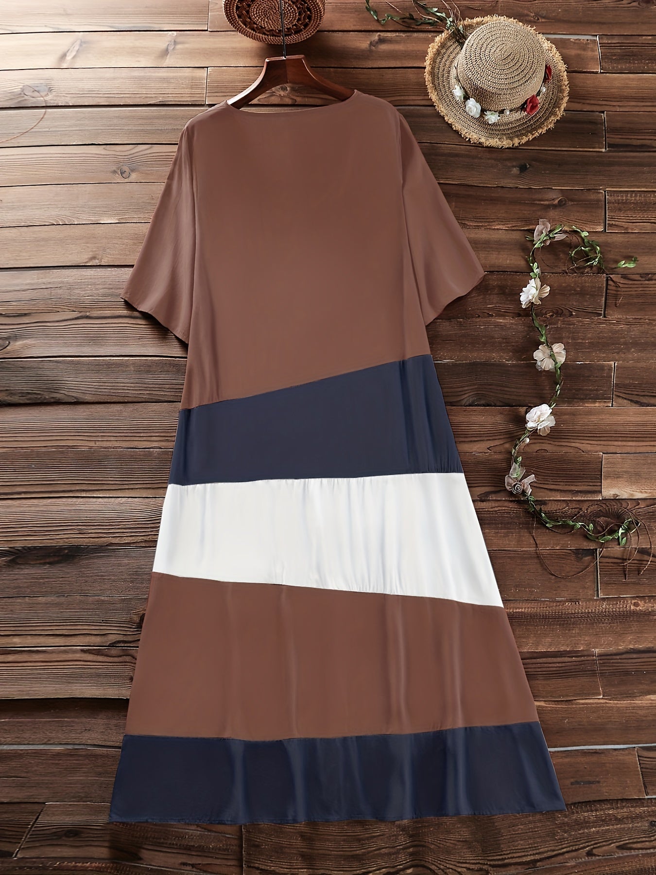  Colorblock Button Up V Neck Tee Dress