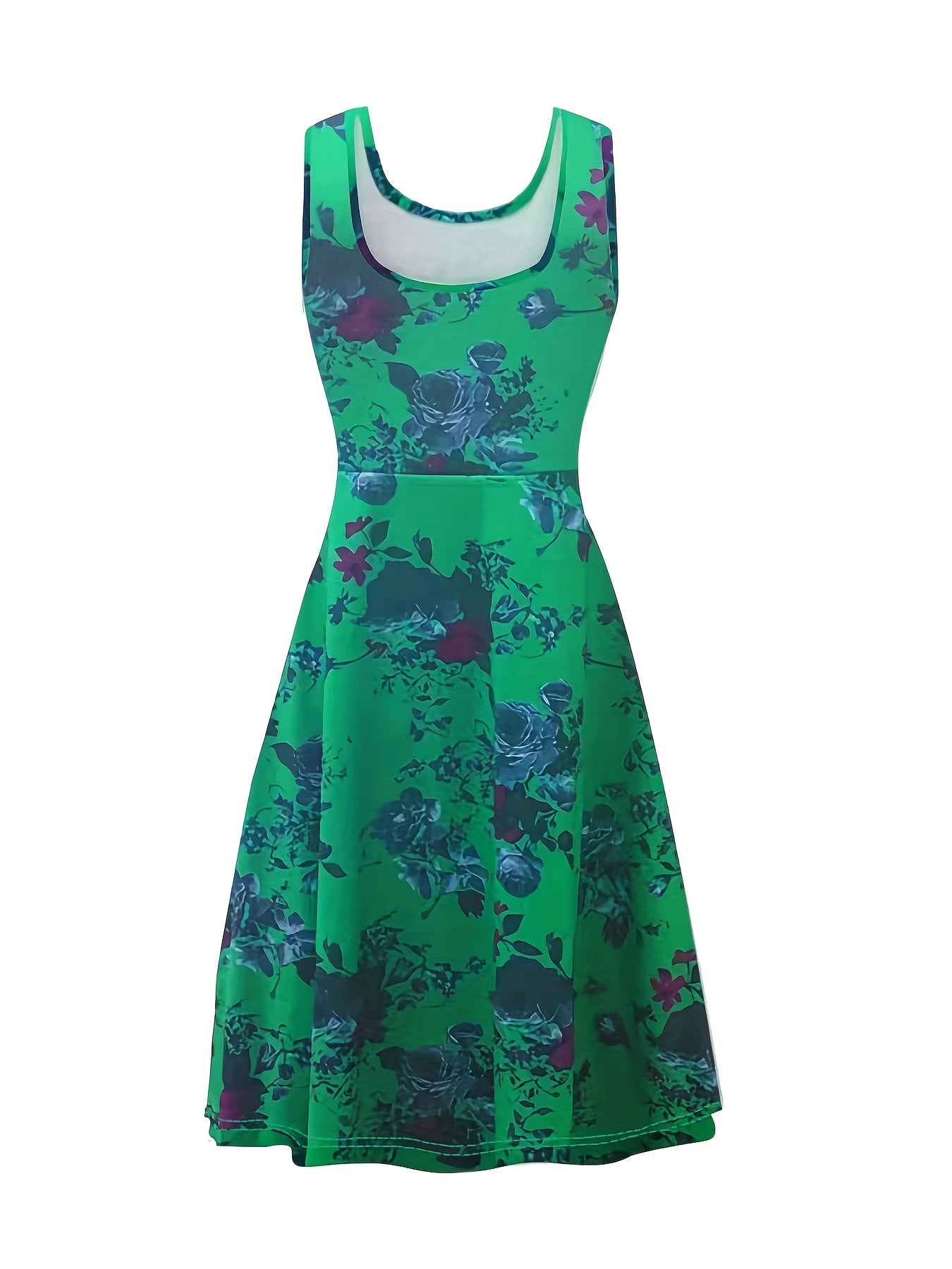  Floral Print Round Neck Stretch Tank Dress