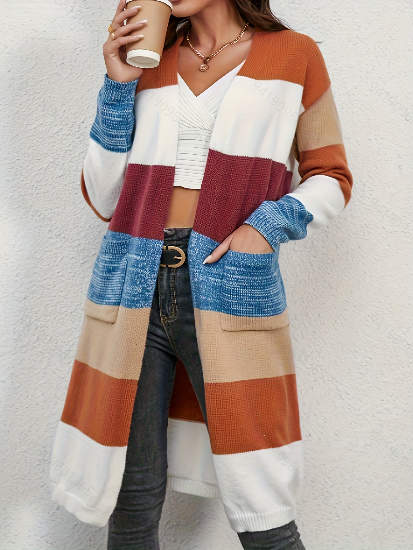  Colorblock Long Sleeve Open Front Cardigan