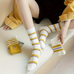 5 Pairs Striped Crew Socks Women's Stockings & Hosiery