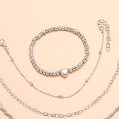 6pcs Silver Beaded Heart Pattern Multilayer Bracelet Set for Women