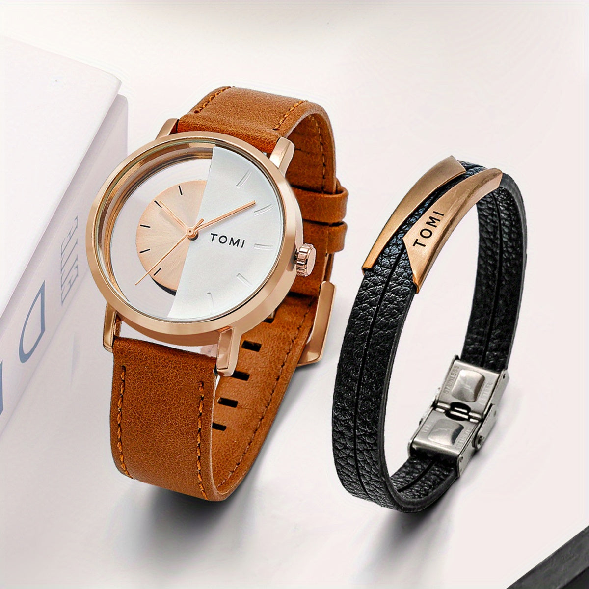 Men's Round Dial Quartz Watch & Letter Detail Bracelet Set