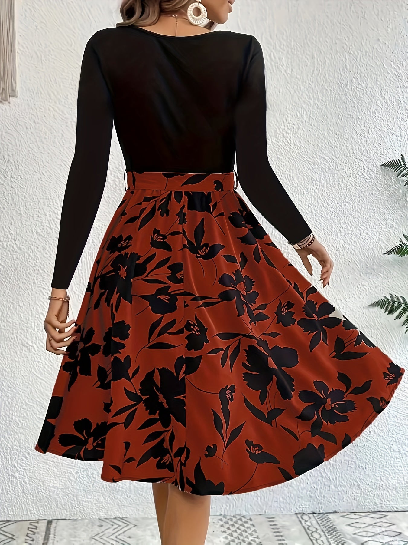  Colorblock Floral Print Long Sleeve Maxi Dress With Belt