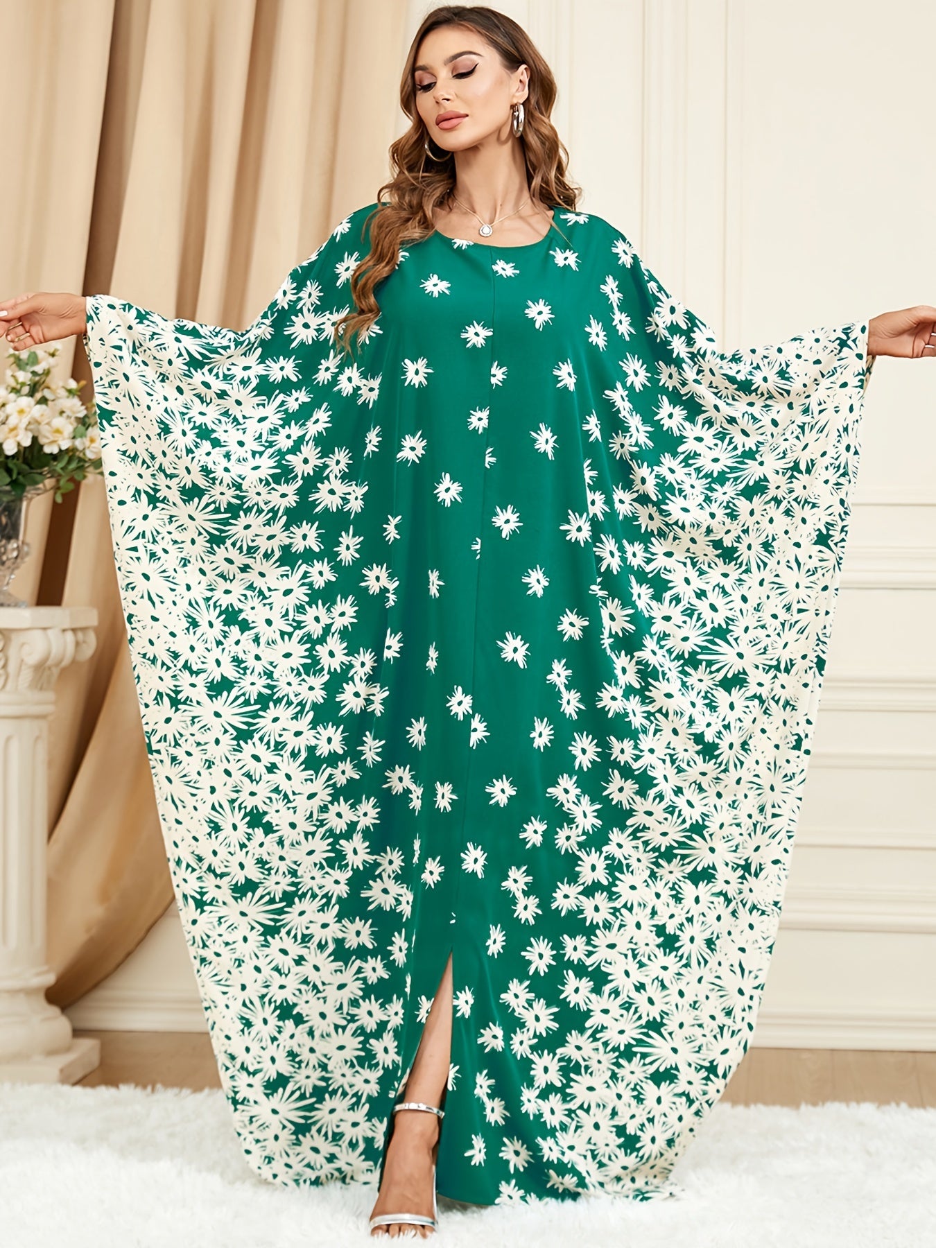  Abaya Dress Women's Plus Ditsy Floral Print Bat Sleeve