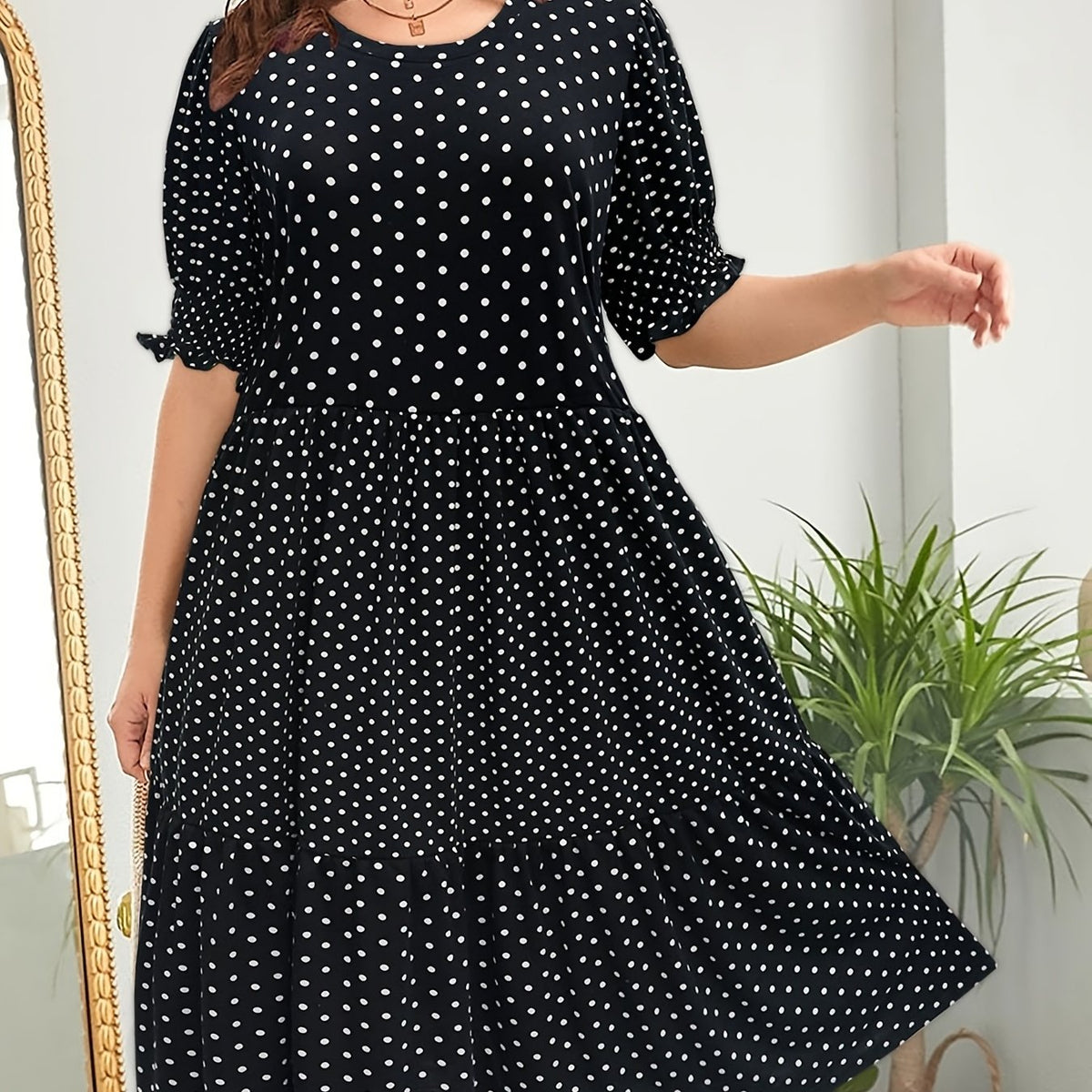  Dot Print Short Sleeve Layered Midi Dress Women's Plus Retro Dress