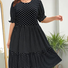  Dot Print Short Sleeve Layered Midi Dress Women's Plus Retro Dress