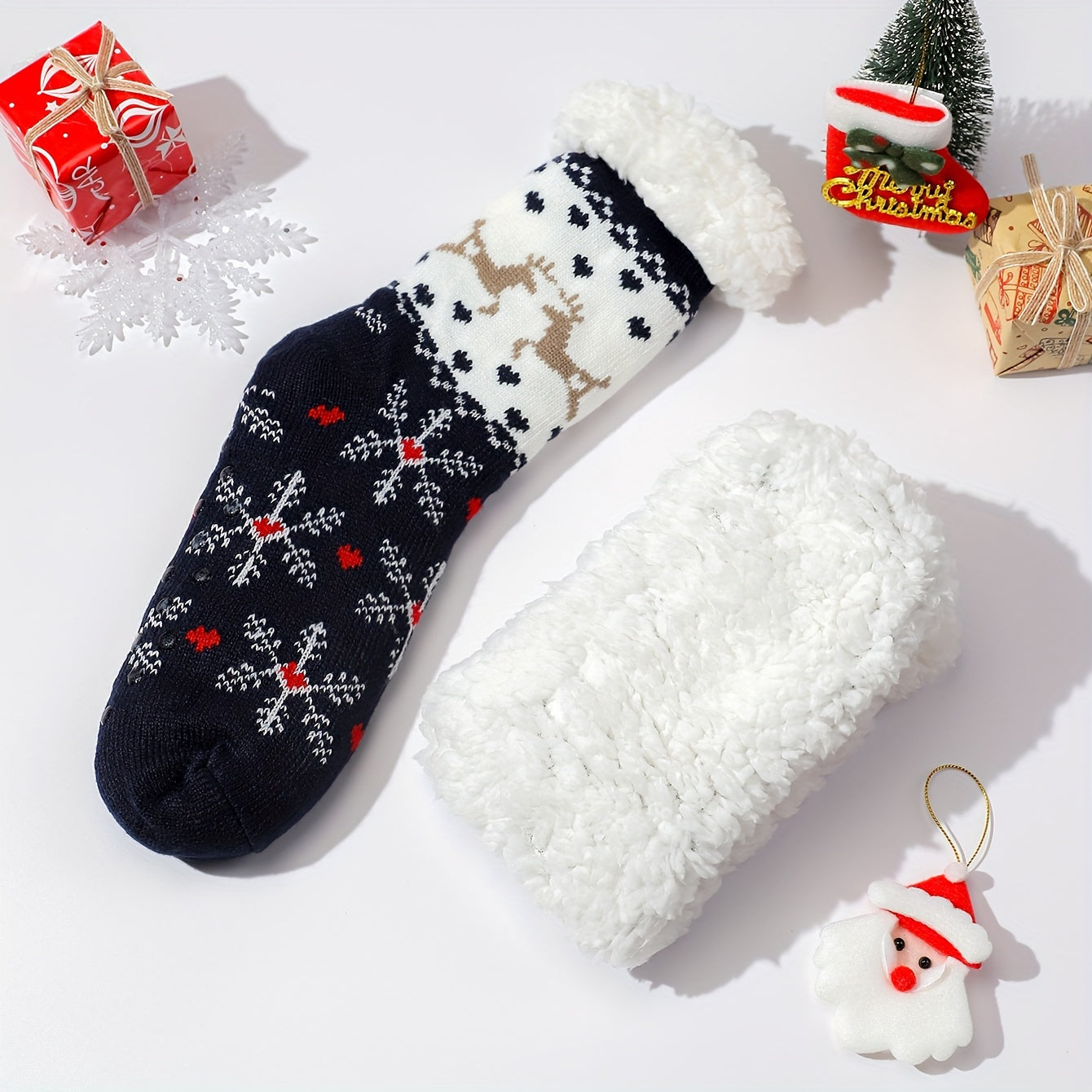 6 Pairs Christmas Print Socks Plush Lined Stockings & Hosiery
