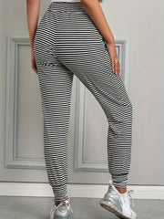  Stripe Print Elastic Drawstring High Rise Jogger Pants