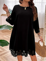  Casual Dress Women's Plus Solid Laser Cut Long Sleeve Dress