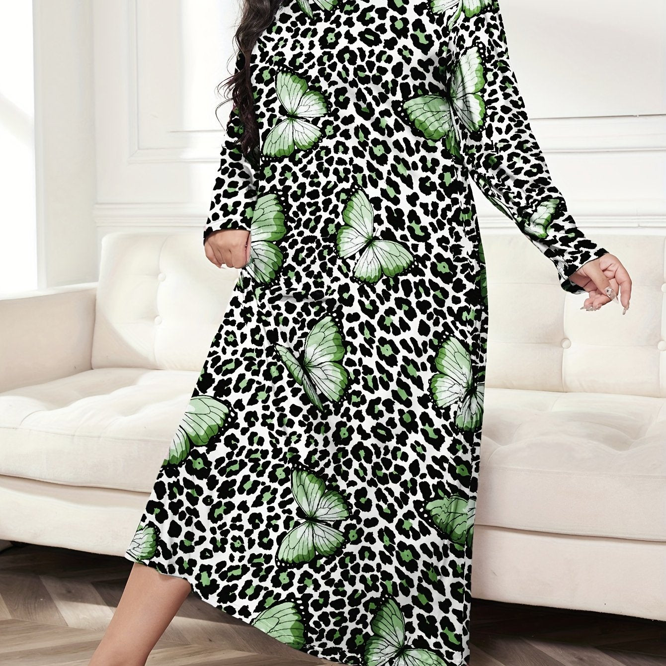  Leopard & Butterfly Print Long Sleeve Nightdress