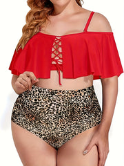  Tankini Set Cold Shoulder Ruffle Trim Cape