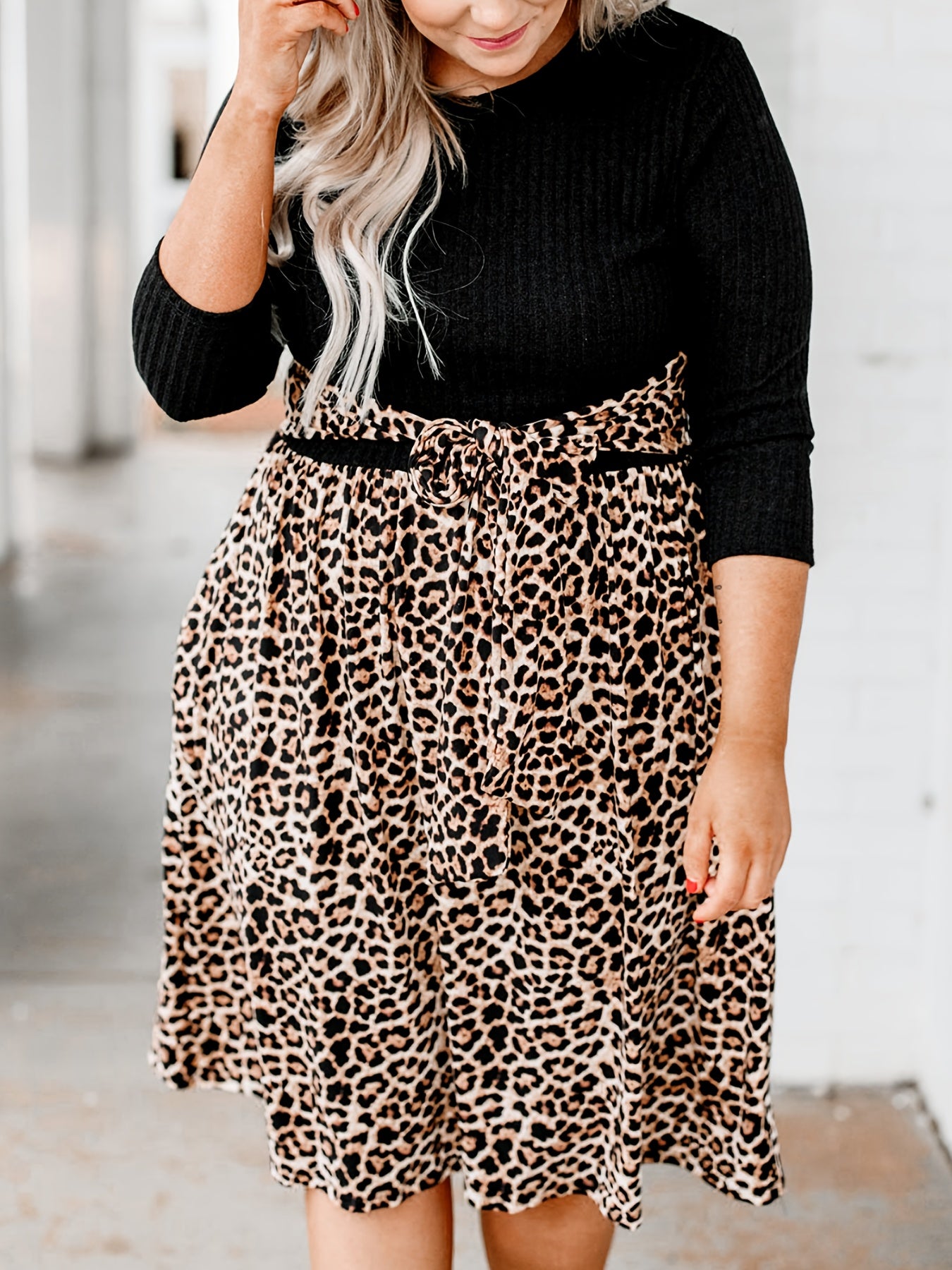  Colorblock Leopard Print Ribbed Long Sleeve Round Neck Dress