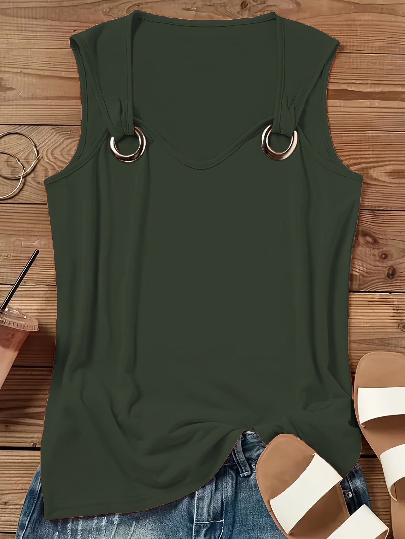  Solid Grommet V Neck Tank Top