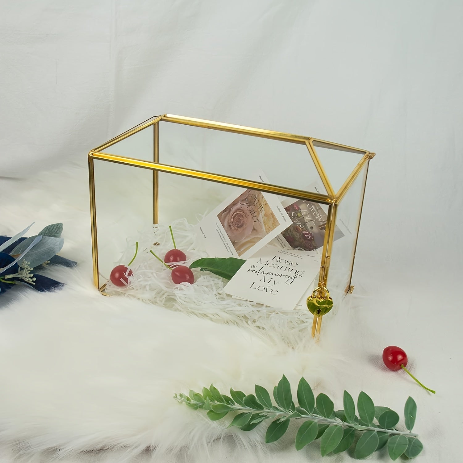 Golden Glass Cards Box For Wedding Reception Large Geometric Decorative Box