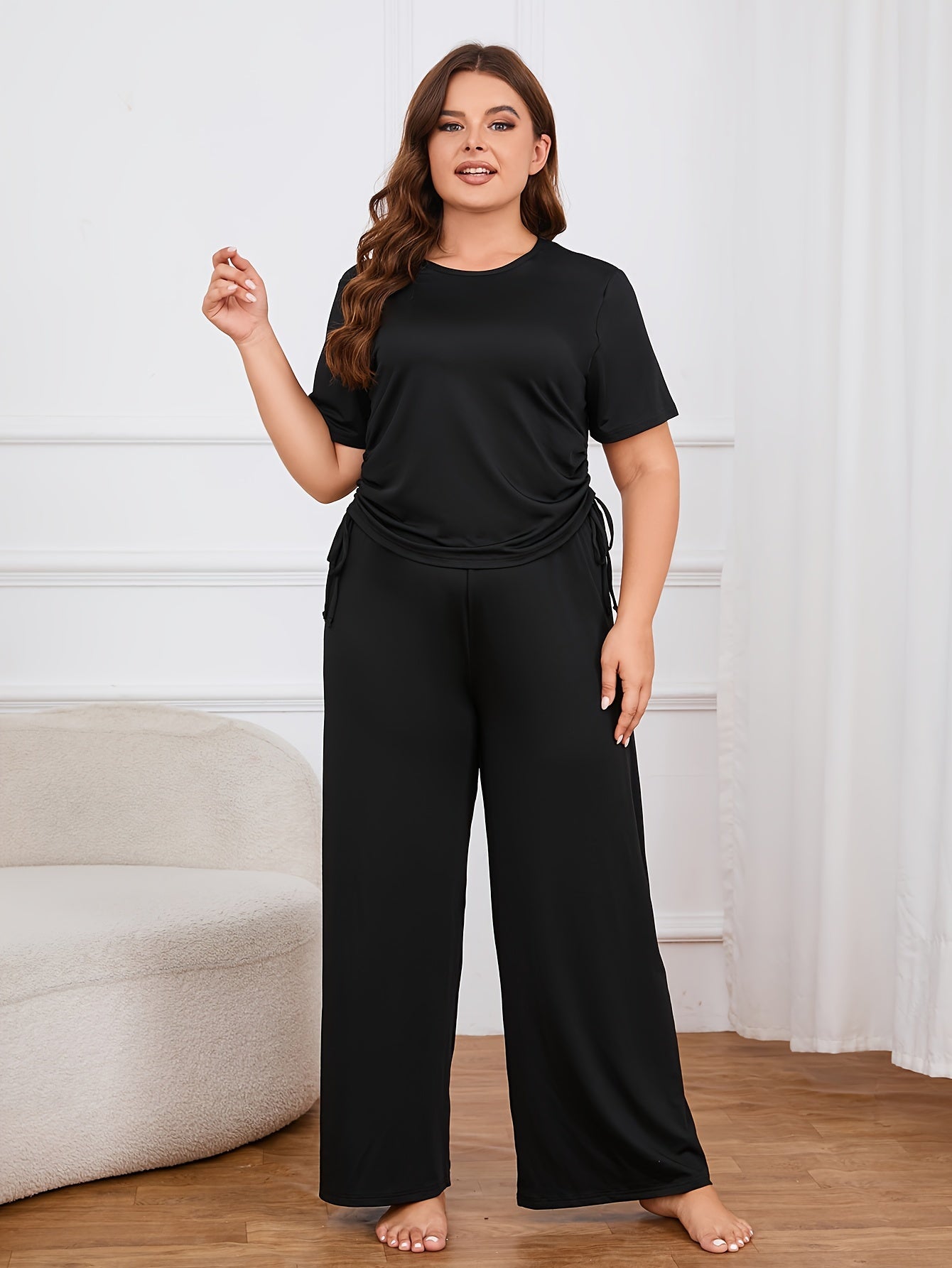  Solid Short Sleeve Tee & Pants Lounge Set
