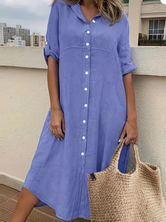  Solid Button Up Long Sleeve Shirt Dress