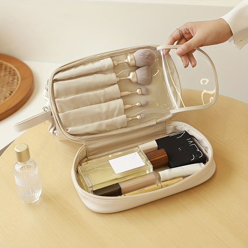 Clear Faux Leather Makeup Bag Waterproof Double Compartment Cosmetic Bag