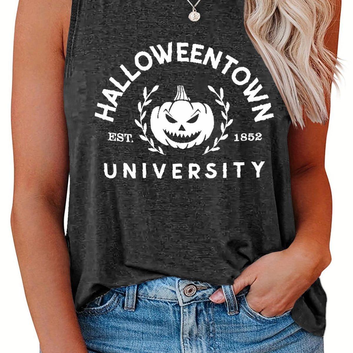  Halloween Casual Tank Top Women's Plus Pumpkin & Letter Print