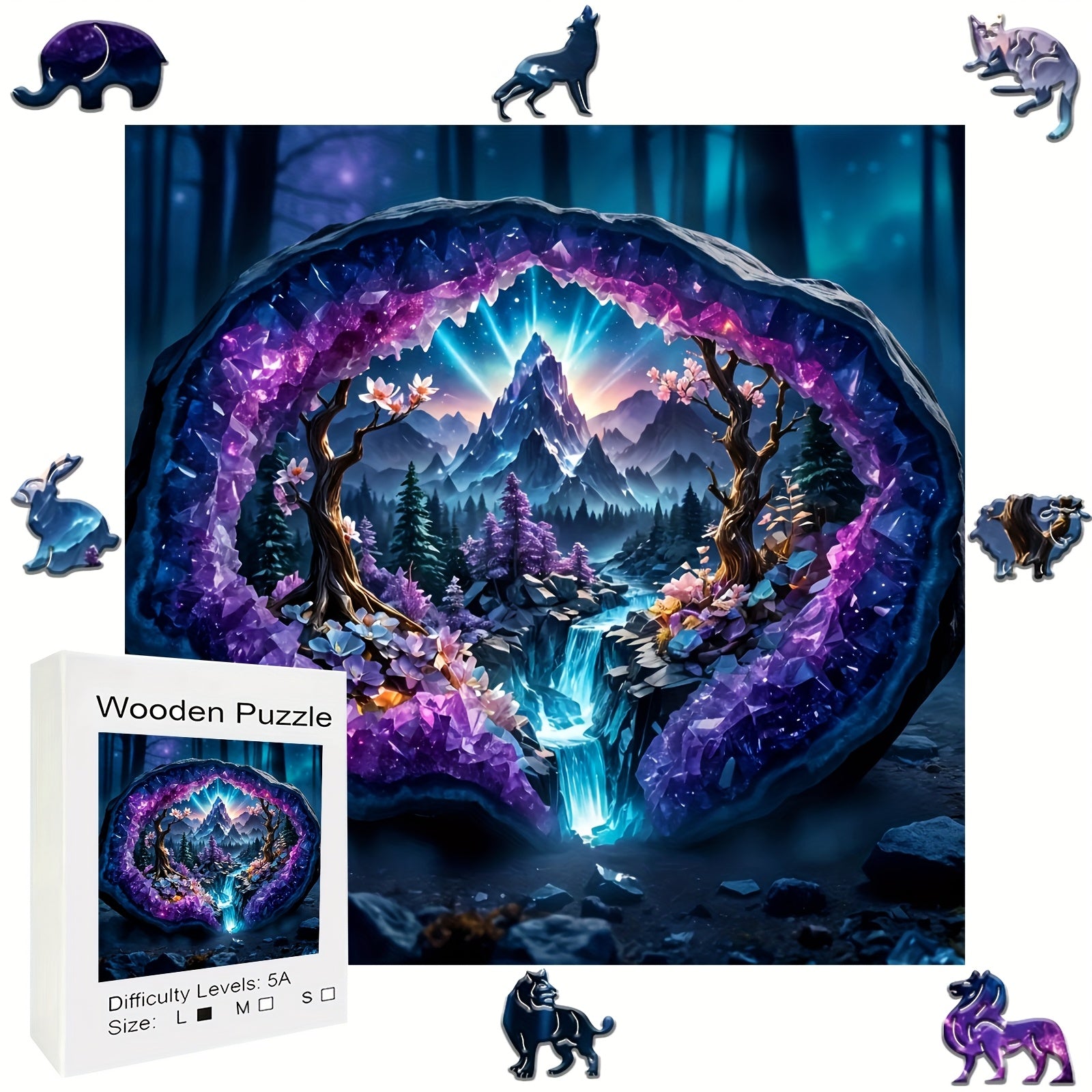Enchanted Amethyst Cave Puzzle Fantasy Mountain Landscape with Blooming Forest