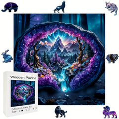 Enchanted Amethyst Cave Puzzle Fantasy Mountain Landscape with Blooming Forest