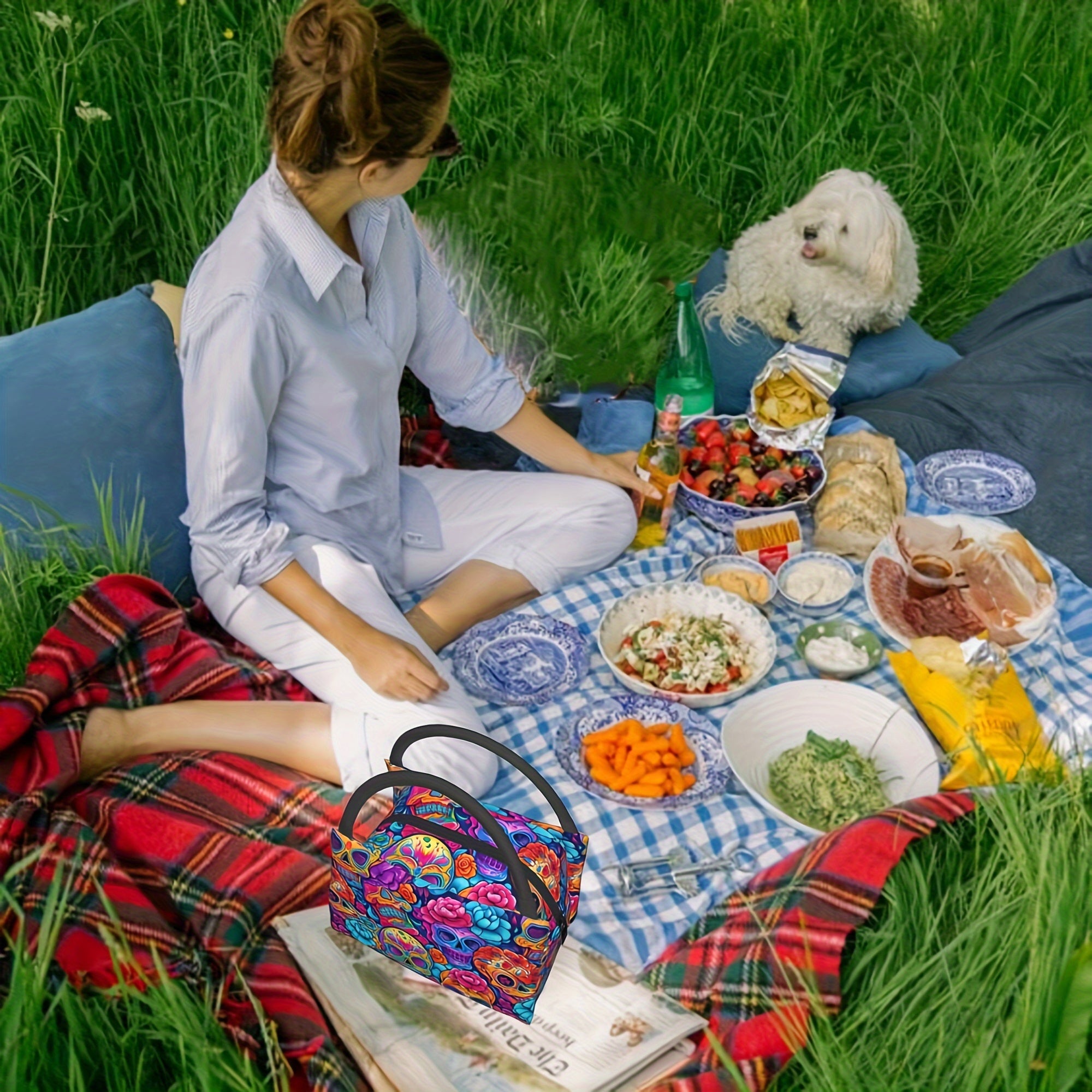 Colorful Skull Pattern Cooler Bag Halloween Leakproof Lunch Tote