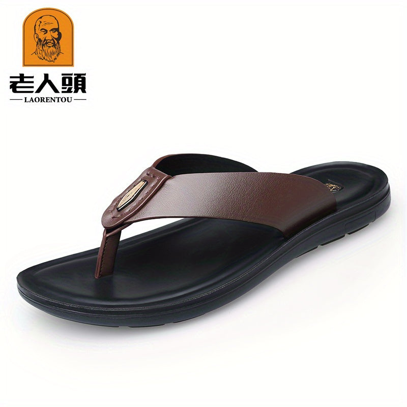 LAORENTOU Men's Leather Flip Flops Arch Support Non Slip Thong Sandals