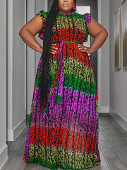  Leopard Print Ruffle Sleeve Maxi Dress with Belt