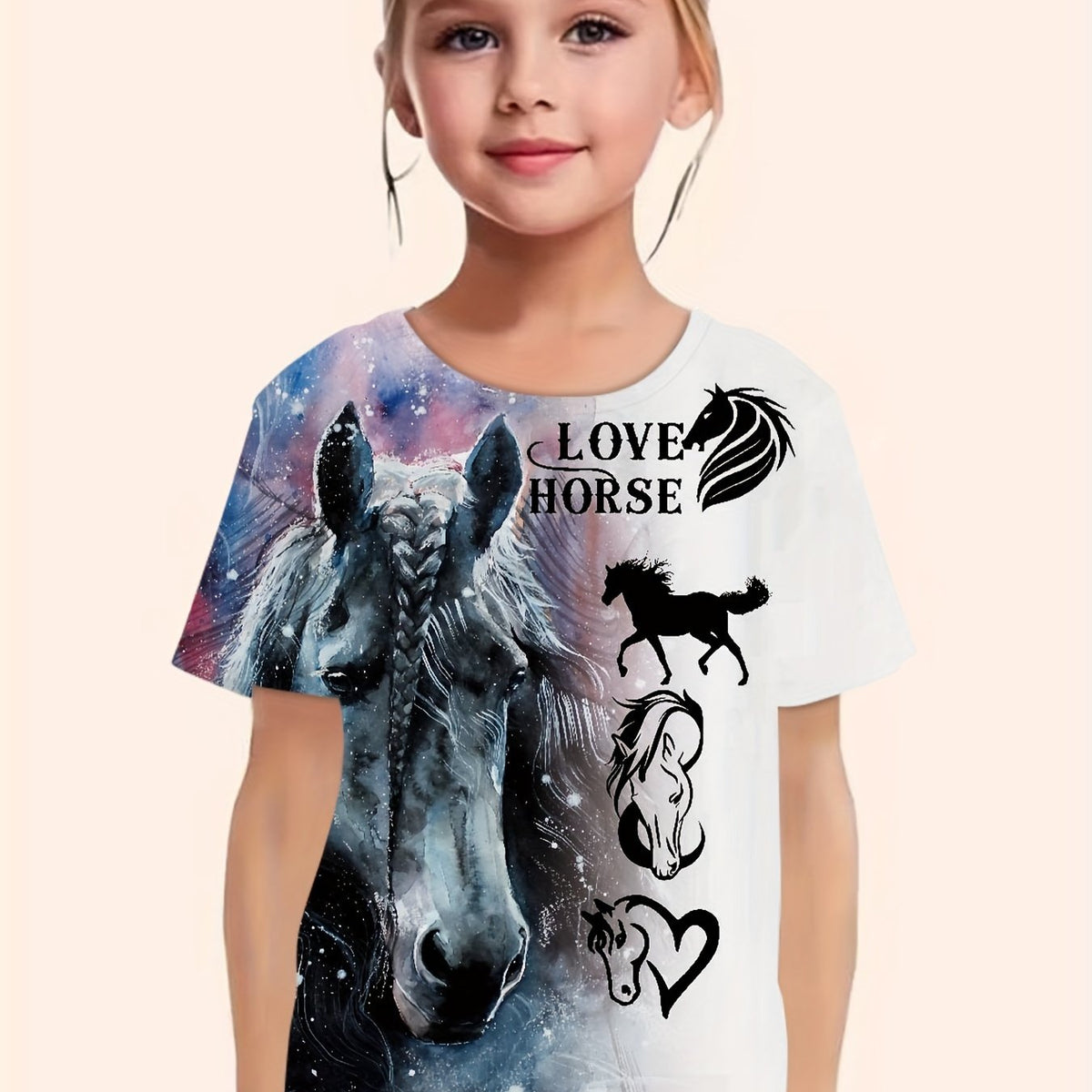 Girls Horse Pattern Short Sleeve T-shirt for Summer Sports