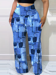  Casual Denim Print High Rise Wide Leg Pants