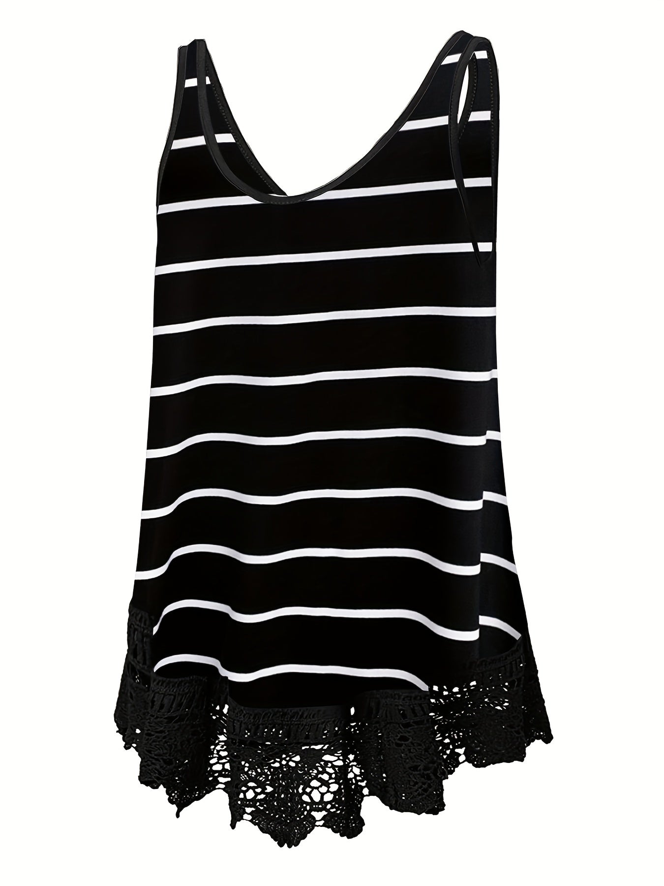  Stripe Print Lace Trim Tank Top