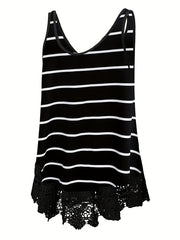  Stripe Print Lace Trim Tank Top