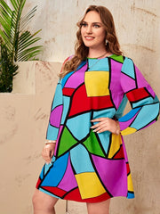  Colorblock Geometric Print Round Neck Tee Dress