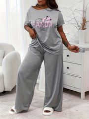 Plus Size Panda Cat Print Tee & Pants Pajama Set