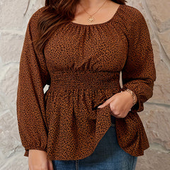  Leopard Print Lantern Sleeve Peplum Top