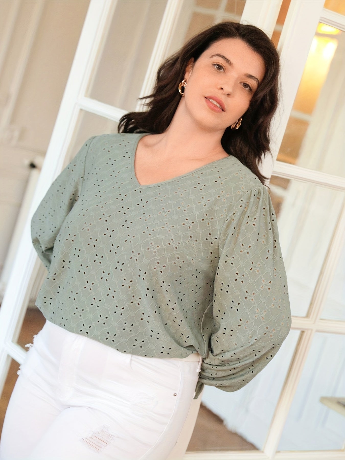  Boho Eyelet Sleeve V-Neck Blouse