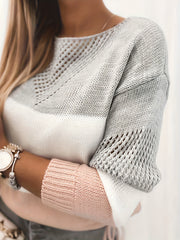  Colorblock Pointelle Drop Shoulder Sweater