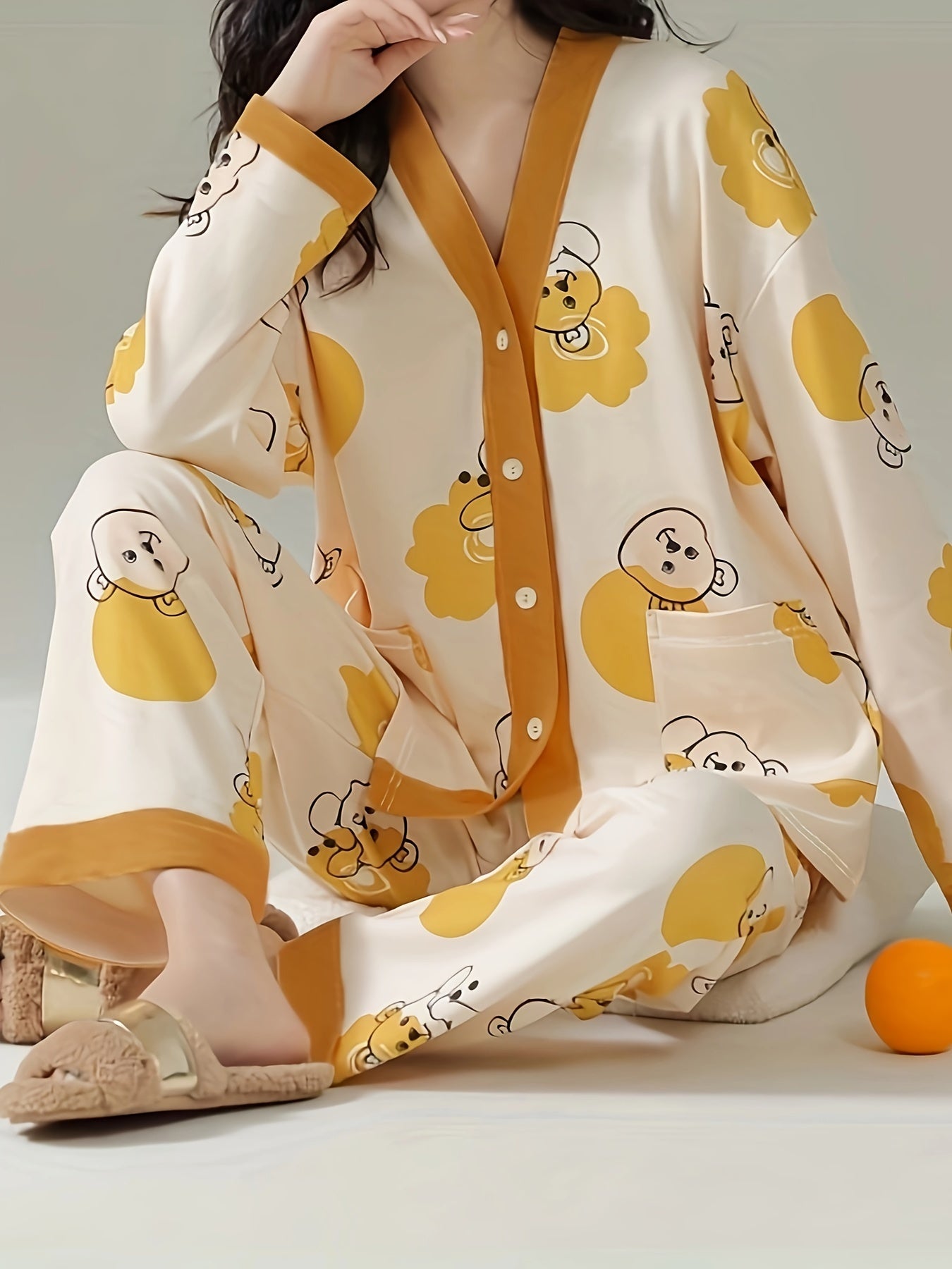 Bear Print Pajama Set Long Sleeve Top & Pants Women's Sleepwear