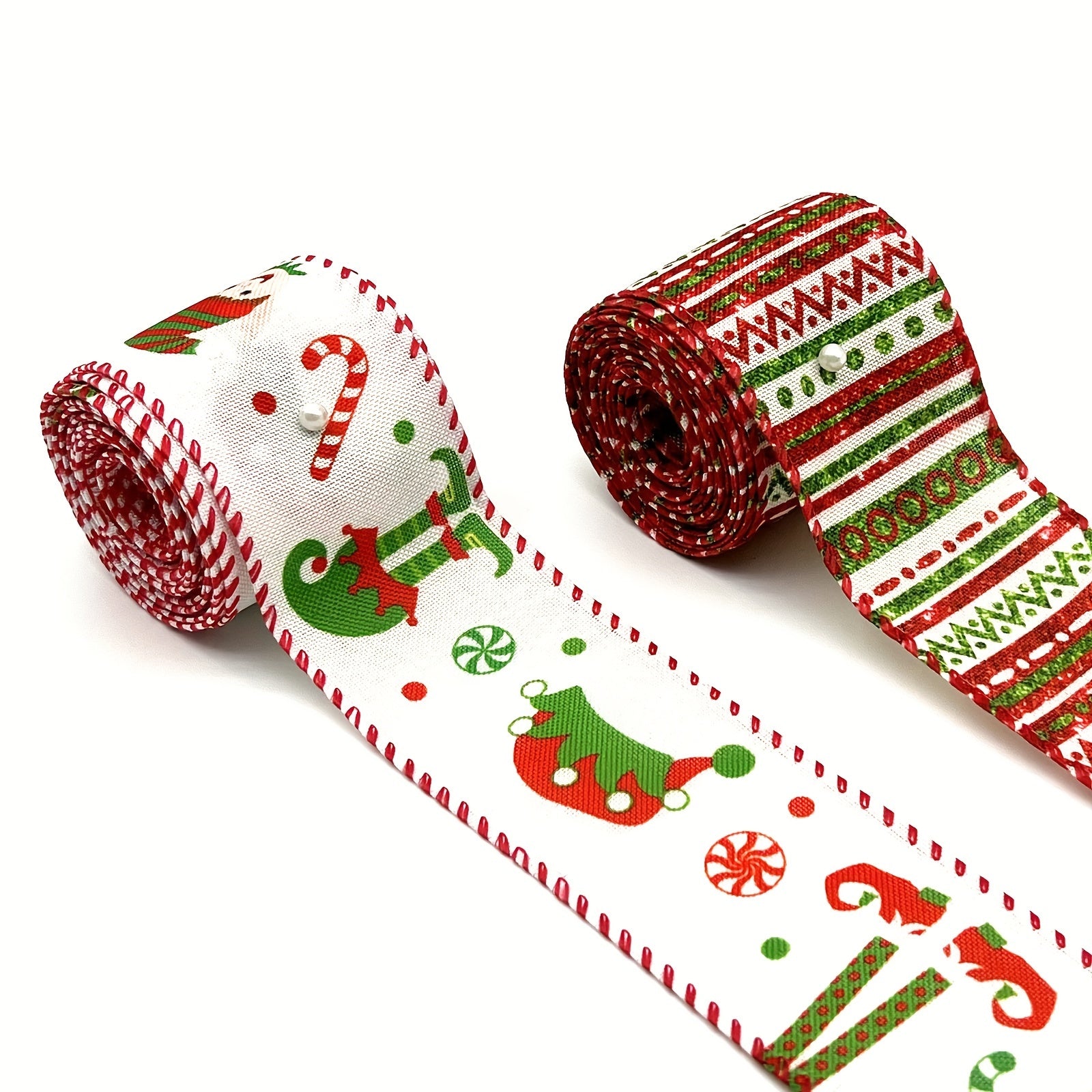 4.57m Christmas Wired Edge Ribbon Little Doll Hats & Legs Stripes Dots Diagonal