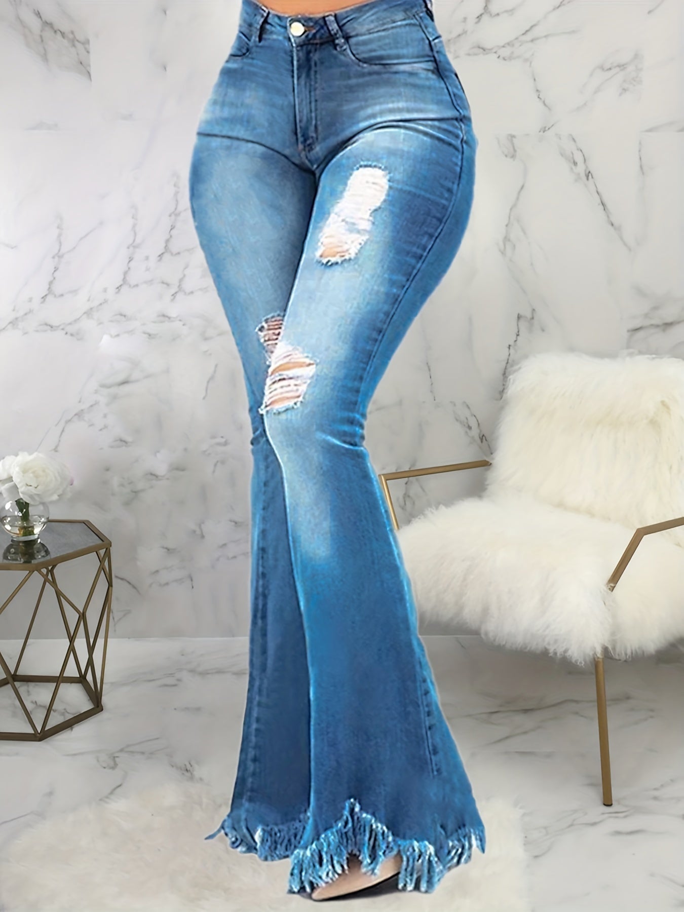  Women's Ripped Raw Trim High Rise Flared Leg Jeans