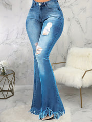  Women's Ripped Raw Trim High Rise Flared Leg Jeans