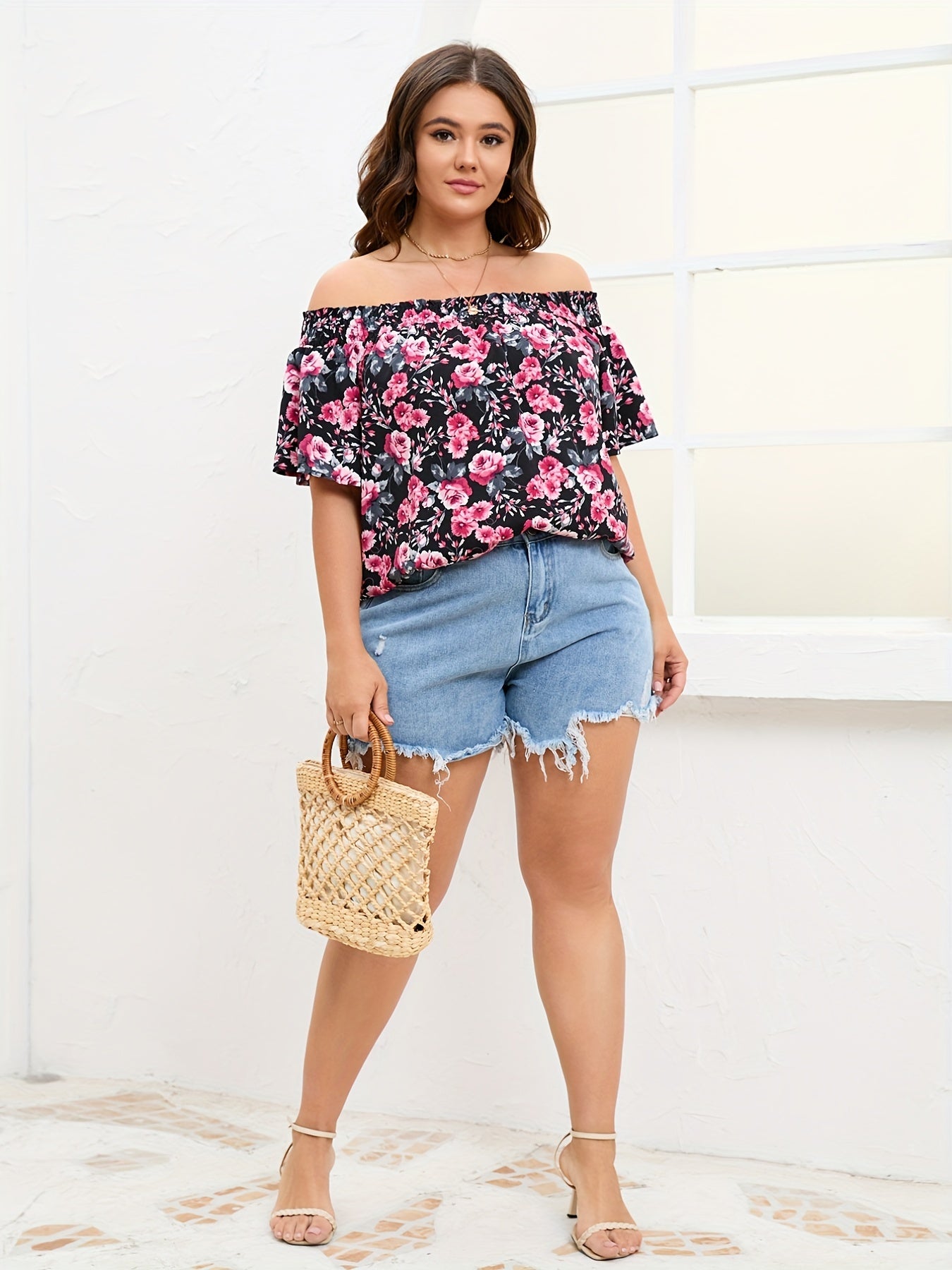  Rose Print Off Shoulder Short Sleeve Top