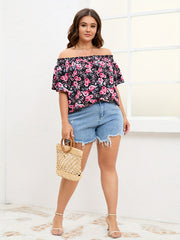  Rose Print Off Shoulder Short Sleeve Top